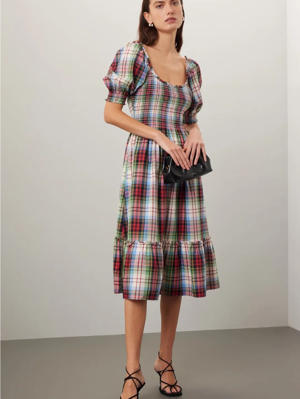 Hill House Louisa Nap Dress in Multicolor Plaid Puff-Sleeve Pockets M Preppy